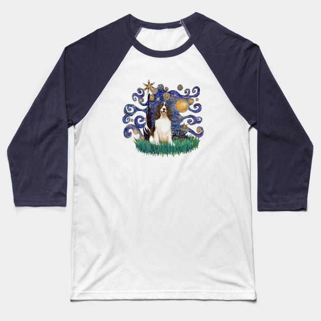 Starry Night Derivative Featuring a Brown and White English Springer Spaniel Baseball T-Shirt by Dogs Galore and More